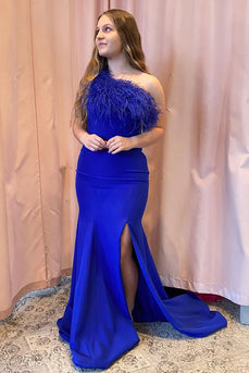 Royal Blue Feathered Mermaid Long Prom Dress with Slit