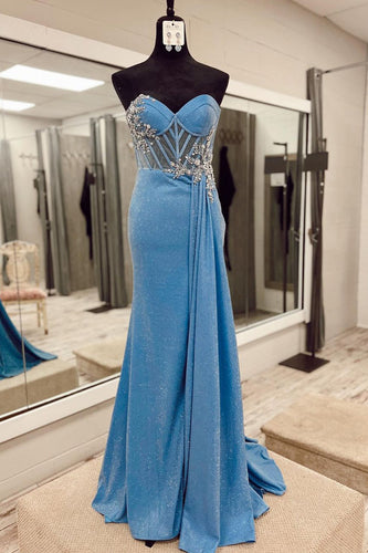 Sparkly Corset Blue Mermaid Long Prom Dress with Beadings