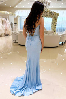 Sparkly Light Blue Corset Mermaid Long Beaded Prom Dress with Slit