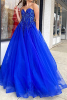 Load image into Gallery viewer, Sparkly Royal Blue Corset Long Prom Dress with Beadings