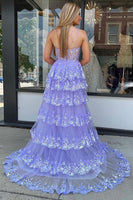 Load image into Gallery viewer, Lilac Corset Ruffled Long Prom Dress with Slit