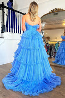 Load image into Gallery viewer, Blue Strapless Long Ruffled Prom Dress