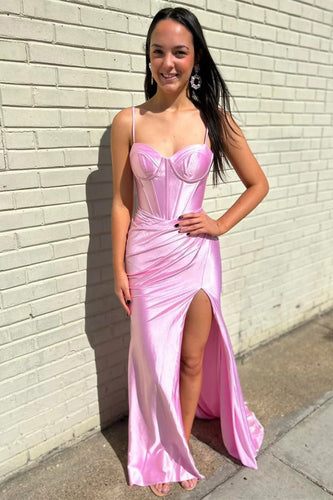 Pink Mermaid Corset Satin Long Prom Dress with Slit
