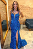 Load image into Gallery viewer, Royal Blue Sequins Mermaid Spaghetti Straps Long Prom Dress with Slit