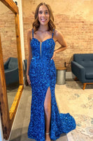 Load image into Gallery viewer, Royal Blue Sequins Mermaid Spaghetti Straps Long Prom Dress with Slit