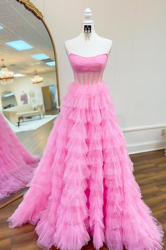 Glitter Pink Ruffled Corset Long Tulle Prom Dress
