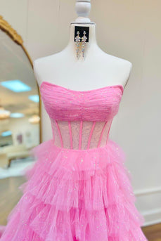Glitter Pink Ruffled Corset Long Tulle Prom Dress