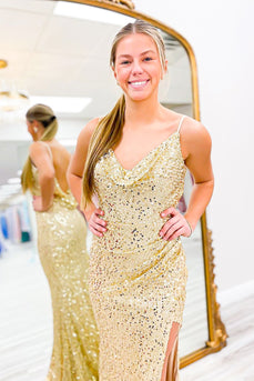 Golden Cowl Neck Sequins Mermaid Long Prom Dress with Slit