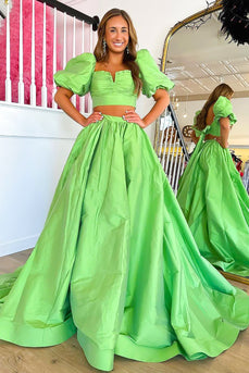 Green Two-Piece Puff Sleeves A-line Long Prom Dress with Slit