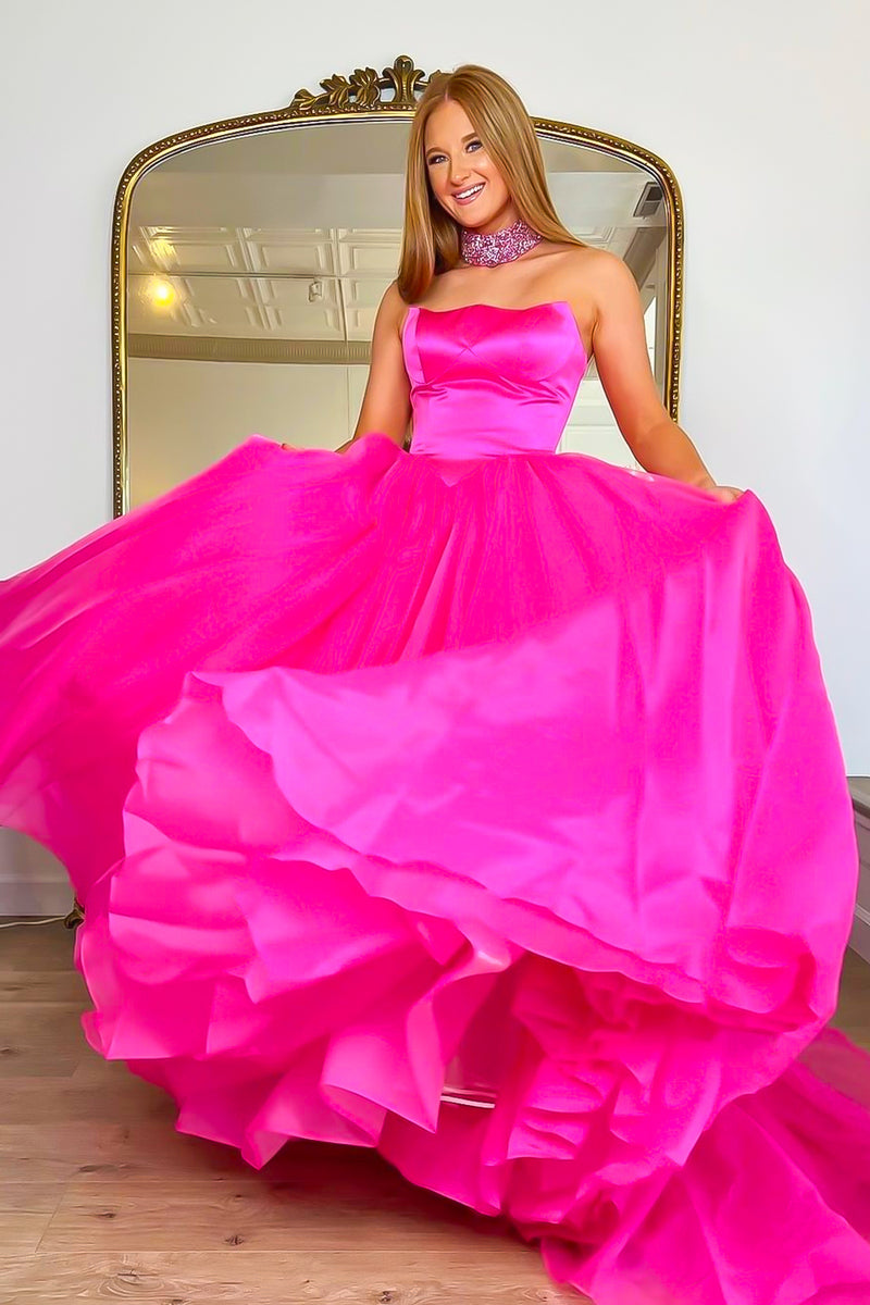 Load image into Gallery viewer, Fuchsia Strapless A-line Tulle Long Prom Dress(Necklace is not included)