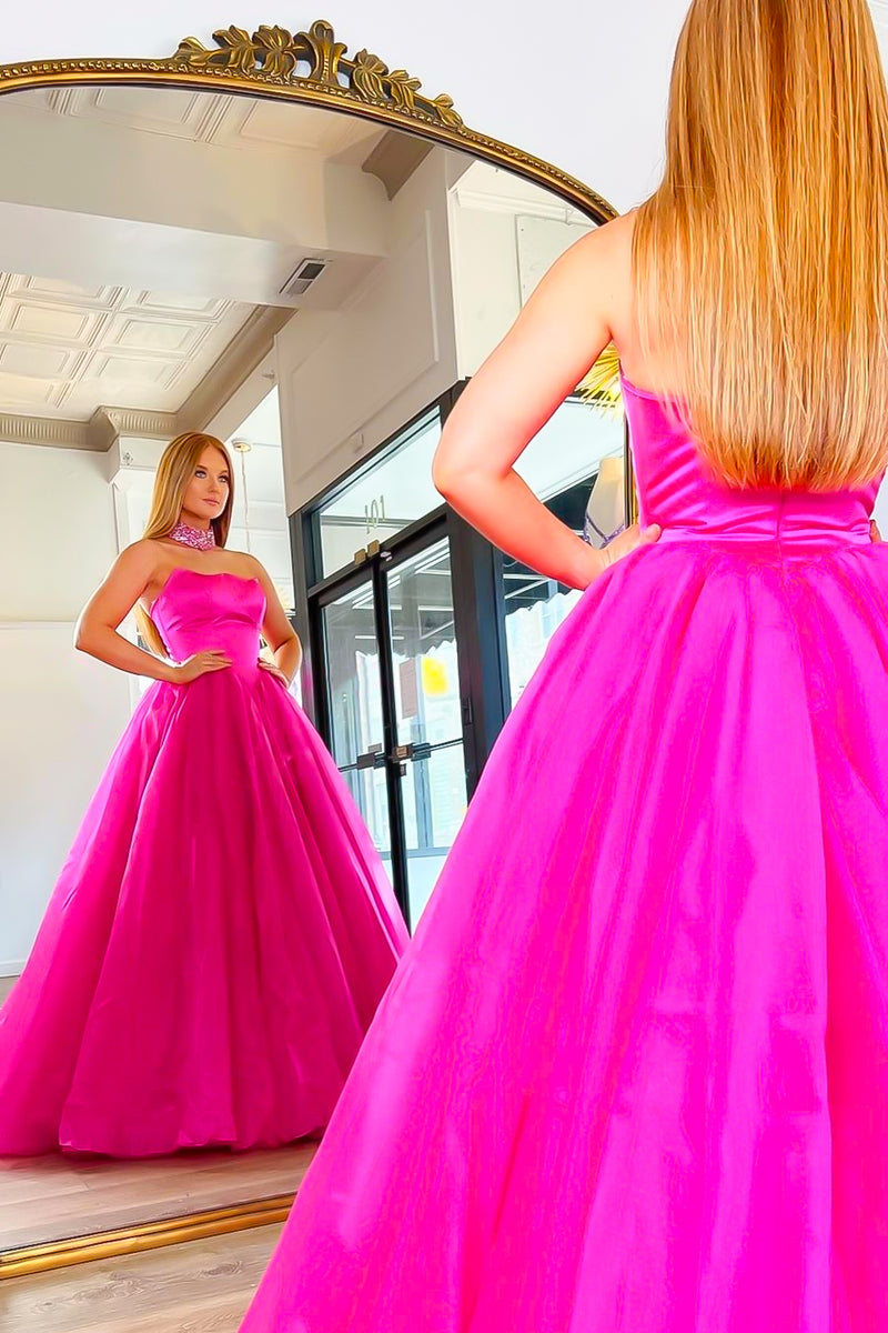 Load image into Gallery viewer, Fuchsia Strapless A-line Tulle Long Prom Dress(Necklace is not included)
