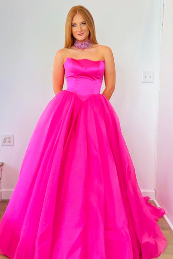 Fuchsia Strapless A-line Tulle Long Prom Dress(Necklace is not included)