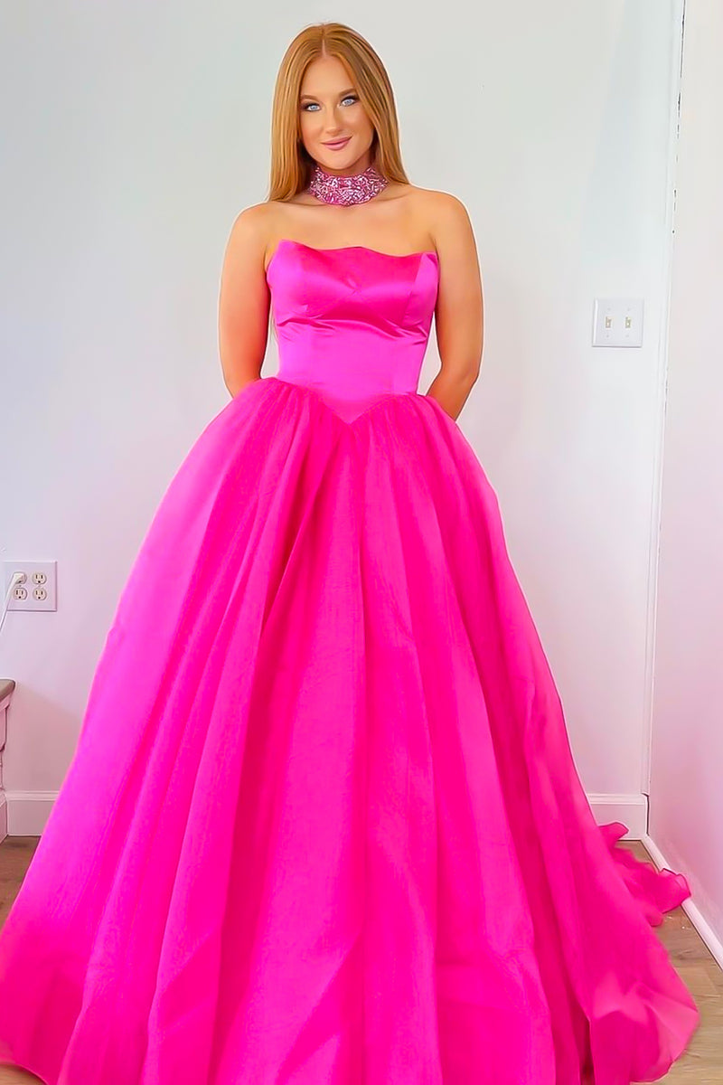 Load image into Gallery viewer, Fuchsia Strapless A-line Tulle Long Prom Dress(Necklace is not included)
