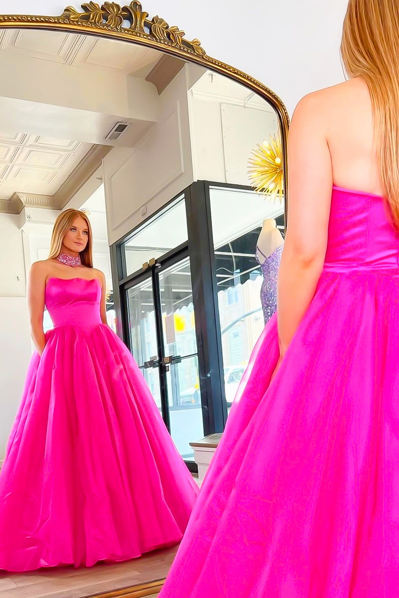 Load image into Gallery viewer, Fuchsia Strapless A-line Tulle Long Prom Dress(Necklace is not included)
