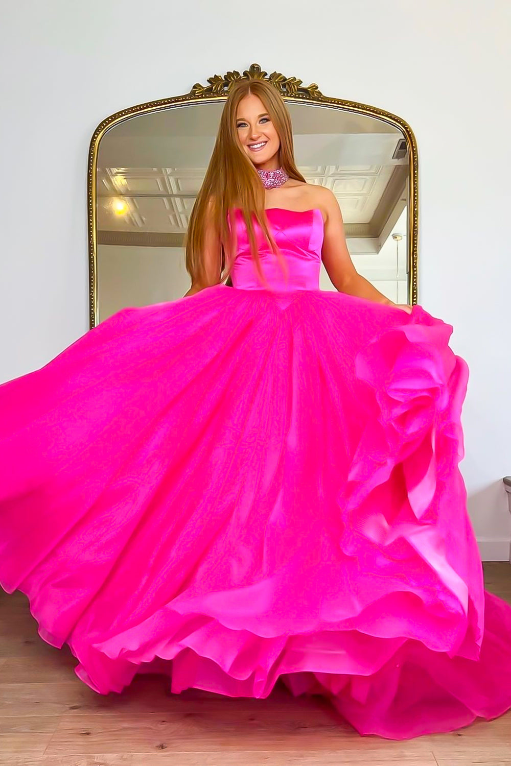 Fuchsia Strapless A-line Tulle Long Prom Dress(Necklace is not included)