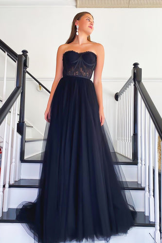 Black A-line Long Prom Dress with Lace_1