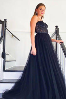 Black A-line Long Prom Dress with Lace_5