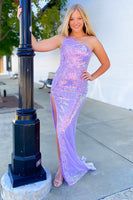 Load image into Gallery viewer, Sparkly Purple One Shoulder Floral Mermaid Long Prom Dress with Slit