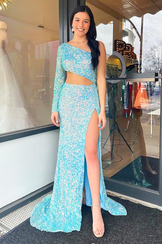 Sparkly Blue One Shoulder Cut-Out Mermaid Long Prom Dress with Slit
