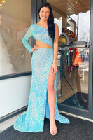 Load image into Gallery viewer, Sparkly Blue One Shoulder Cut-Out Mermaid Long Prom Dress with Slit