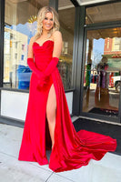 Load image into Gallery viewer, Red Sweetheart Mermaid Satin Long Prom Dress with Slit
