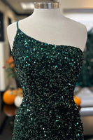 Load image into Gallery viewer, Sparkly Dark Green One Shoulder Mermaid Long Prom Dress with Slit