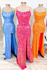 Load image into Gallery viewer, Sparkly Fuchsia Mermaid Retro-U Neck Long Prom Dress with Slit