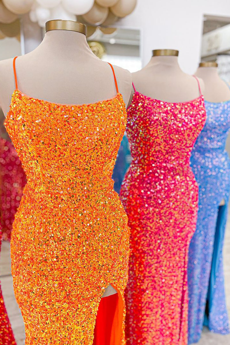 Load image into Gallery viewer, Sparkly Fuchsia Mermaid Retro-U Neck Long Prom Dress with Slit