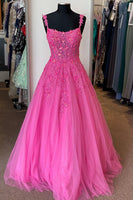 Load image into Gallery viewer, Glitter Hot Pink A-line Floral Tulle Long Prom Dress