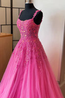 Load image into Gallery viewer, Glitter Hot Pink A-line Floral Tulle Long Prom Dress