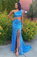 Load image into Gallery viewer, Sparkly Blue Feathered One Shoulder Cut-Out Mermaid Long Prom Dress with Slit