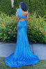 Load image into Gallery viewer, Sparkly Blue Feathered One Shoulder Cut-Out Mermaid Long Prom Dress with Slit