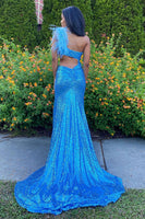 Load image into Gallery viewer, Sparkly Blue Feathered One Shoulder Cut-Out Mermaid Long Prom Dress with Slit