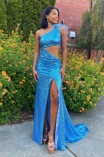 Sparkly Blue Feathered One Shoulder Cut-Out Mermaid Long Prom Dress with Slit