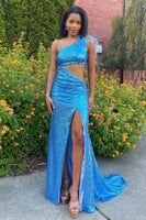 Load image into Gallery viewer, Sparkly Blue Feathered One Shoulder Cut-Out Mermaid Long Prom Dress with Slit