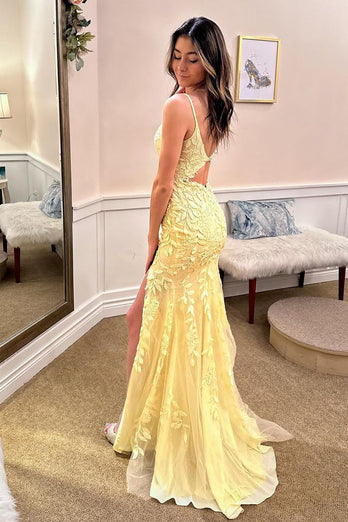 Yellow Floral Deep V Mermaid Long Prom Dress with Slit
