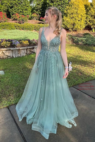 Women Sparkly Sage Floral Long Prom Dress Deep V Neck A-line Evening Dress