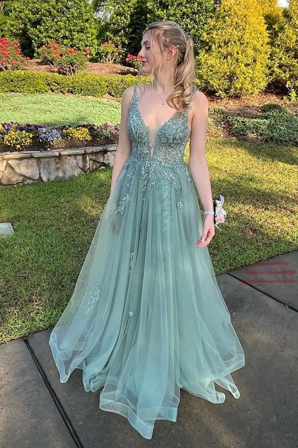 Women Sparkly Sage Floral Long Prom Dress Deep V Neck A-line Evening Dress