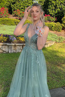 Load image into Gallery viewer, Sage Deep V Floral A-line Tulle Long Prom Dress