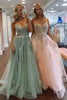 Load image into Gallery viewer, Sage Deep V Floral A-line Tulle Long Prom Dress