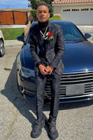 Load image into Gallery viewer, Peak Lapel Dark Blue Jacquard Men&#39;s Prom Suits