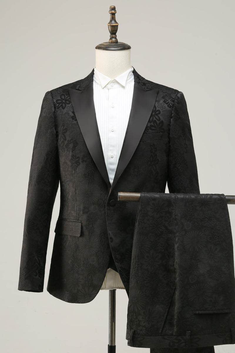 Load image into Gallery viewer, Peak Lapel Dark Blue Jacquard Men&#39;s Prom Suits