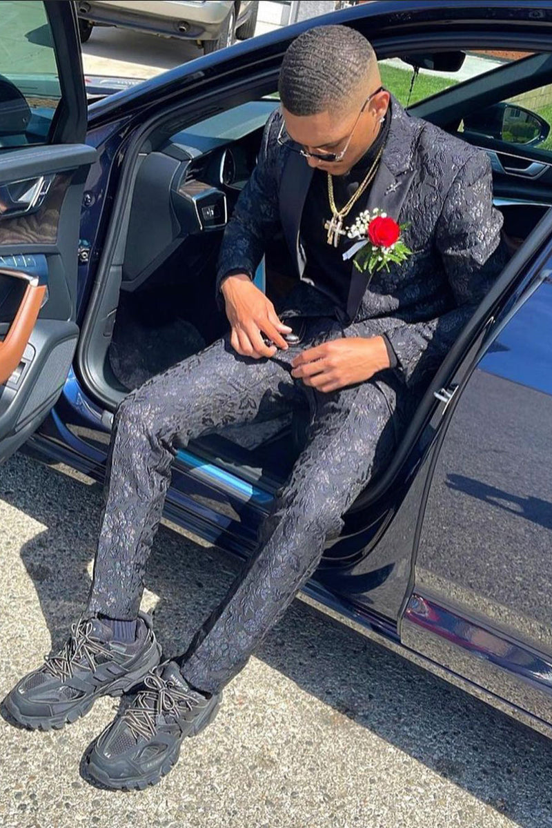 Load image into Gallery viewer, Peak Lapel Dark Blue Jacquard Men&#39;s Prom Suits