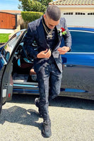 Load image into Gallery viewer, Peak Lapel Dark Blue Jacquard Men&#39;s Prom Suits