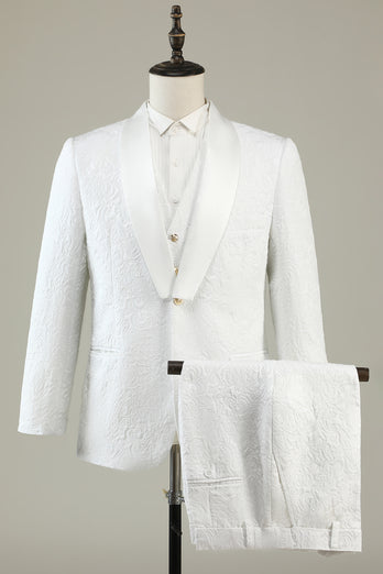 White Jacquard Shawl Lapel 3 Piece Prom Homecoming Suits