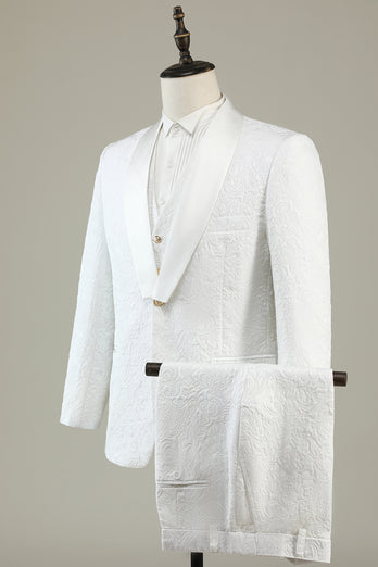 White Jacquard Shawl Lapel 3 Piece Prom Homecoming Suits