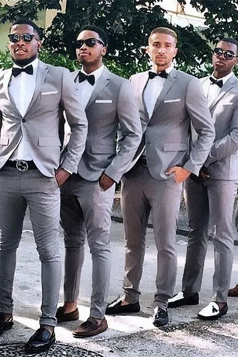 Grey 2 Piece Notched Lapel One Button Groom Suits
