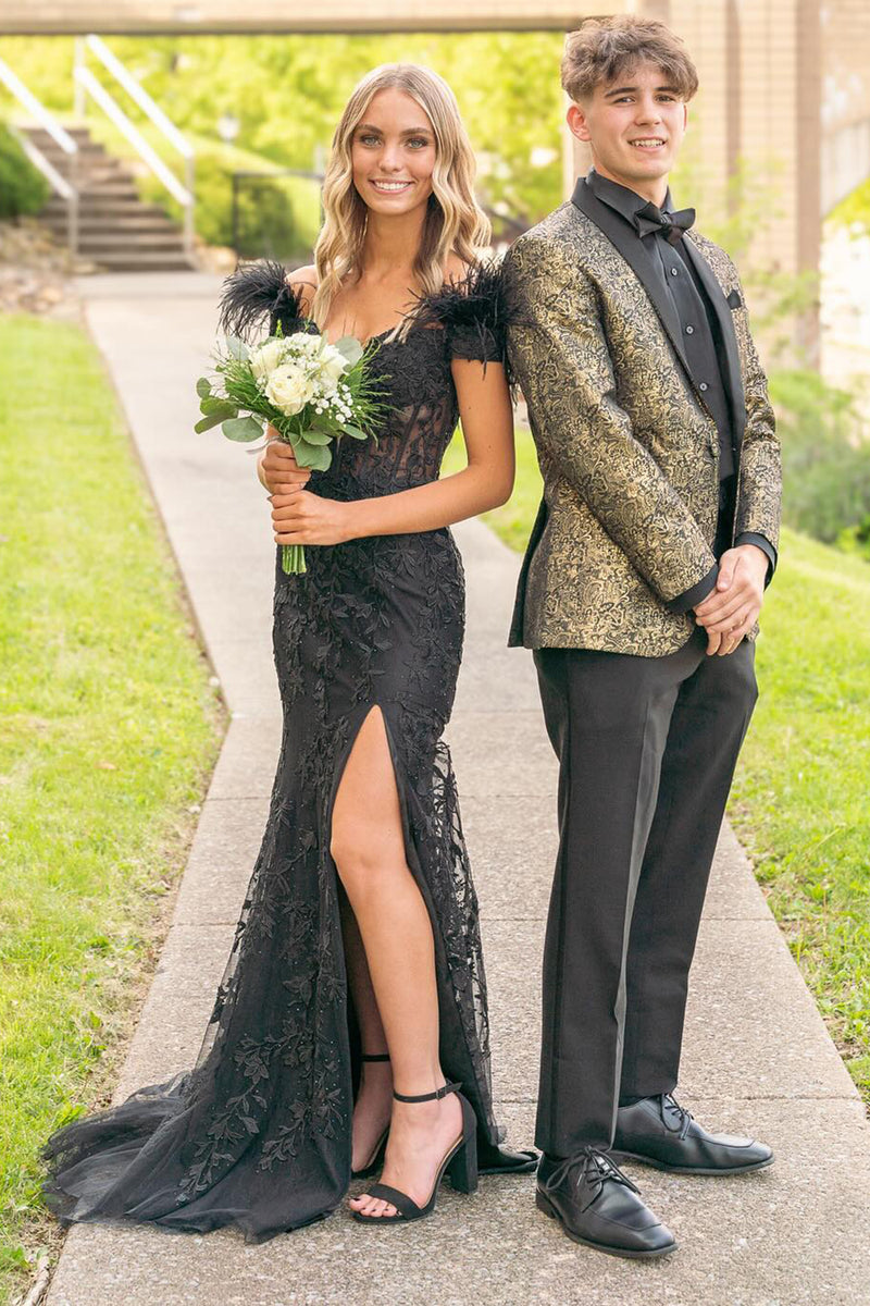 Load image into Gallery viewer, Shawl Lapel Golden Black Jacquard Men&#39;s Prom Suits