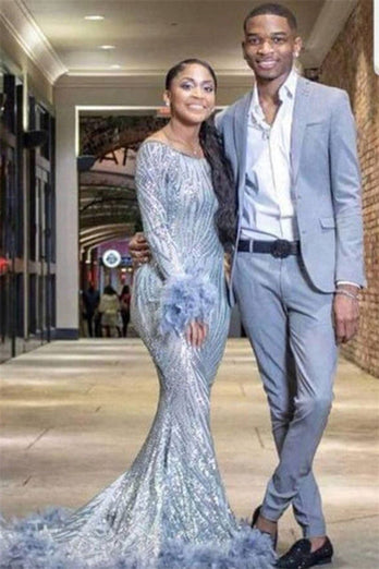 Grey Blue 2 Pieces Notched Lapel Men's Prom Suit