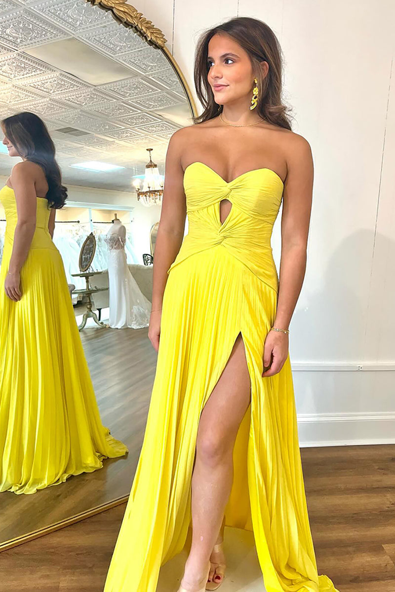 Load image into Gallery viewer, Fuchsia A Line Sweetheart Keyhole Long Pleated Prom Dress with Slit